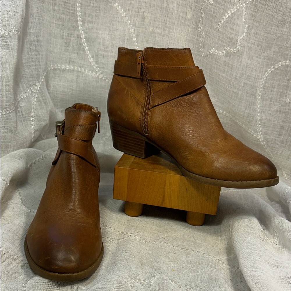 INC leather ankle booties with strap, stacked heel, and side zipper